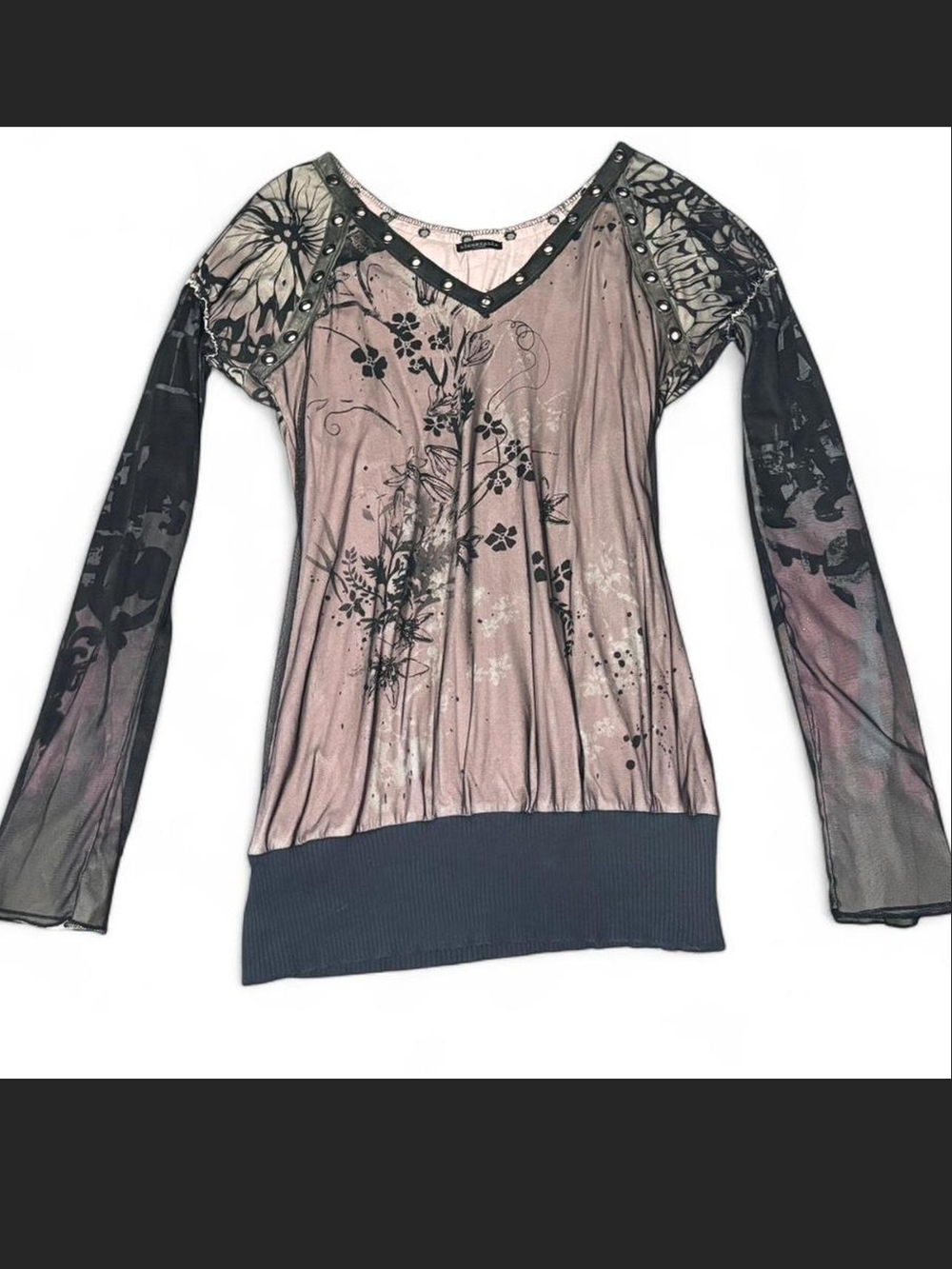 Libertalia Floral Black & Purple Mesh Long Sleeve Top. XL